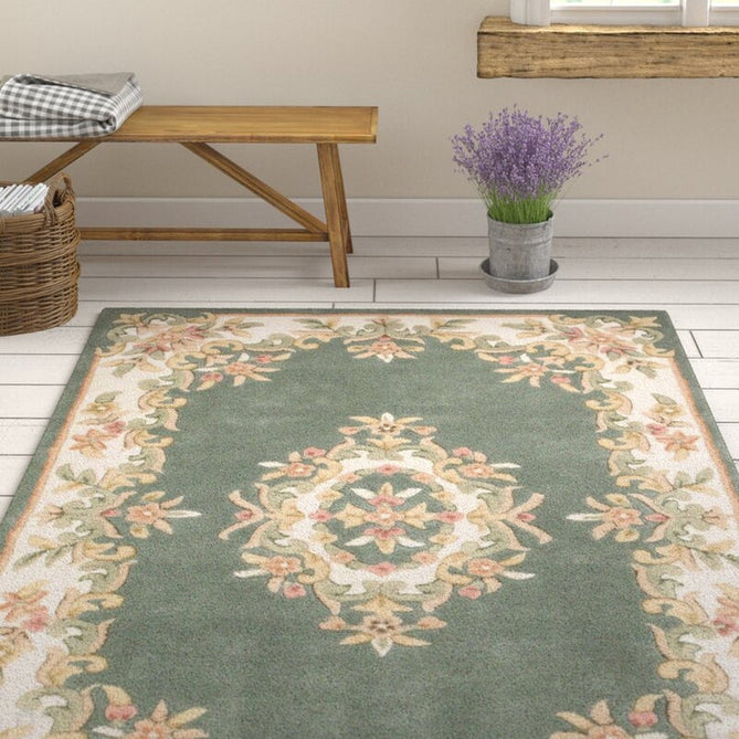 Royal Traditional Floral Aubusson Medallion Border French-Style Hand-Carved Hi-Low Textured Soft Durable Wool Green Rug-Melrose-Rug Love - The Most Loved Rug Store