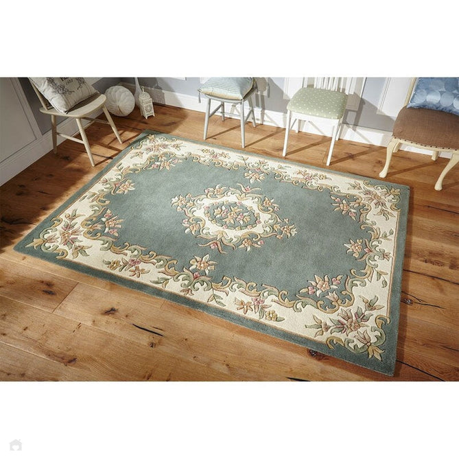 Royal Traditional Floral Aubusson Medallion Border French-Style Hand-Carved Hi-Low Textured Soft Durable Wool Green Rug-Melrose-Rug Love - The Most Loved Rug Store