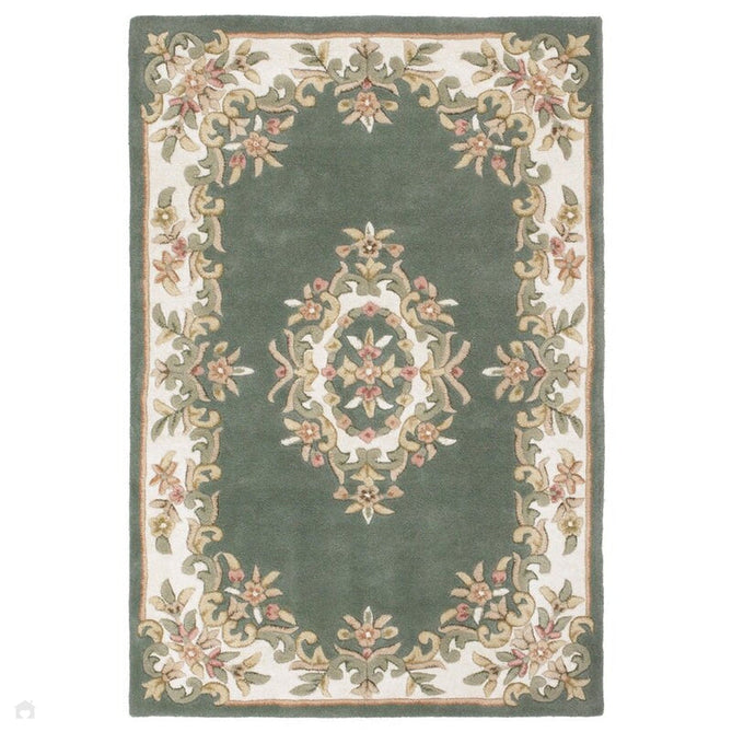 Royal Traditional Floral Aubusson Medallion Border French-Style Hand-Carved Hi-Low Textured Soft Durable Wool Green Rug-Melrose-Rug Love - The Most Loved Rug Store