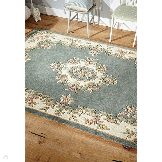 Royal Traditional Floral Aubusson Medallion Border French-Style Hand-Carved Hi-Low Textured Soft Durable Wool Green Rug-Melrose-Rug Love - The Most Loved Rug Store