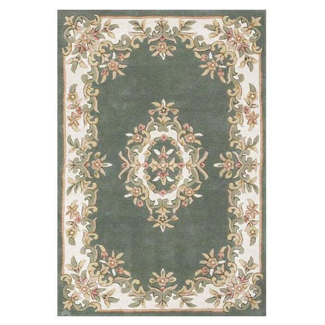 Royal Traditional Floral Aubusson Medallion Border French-Style Hand-Carved Hi-Low Textured Soft Durable Wool Green Rug-Melrose-Rug Love - The Most Loved Rug Store