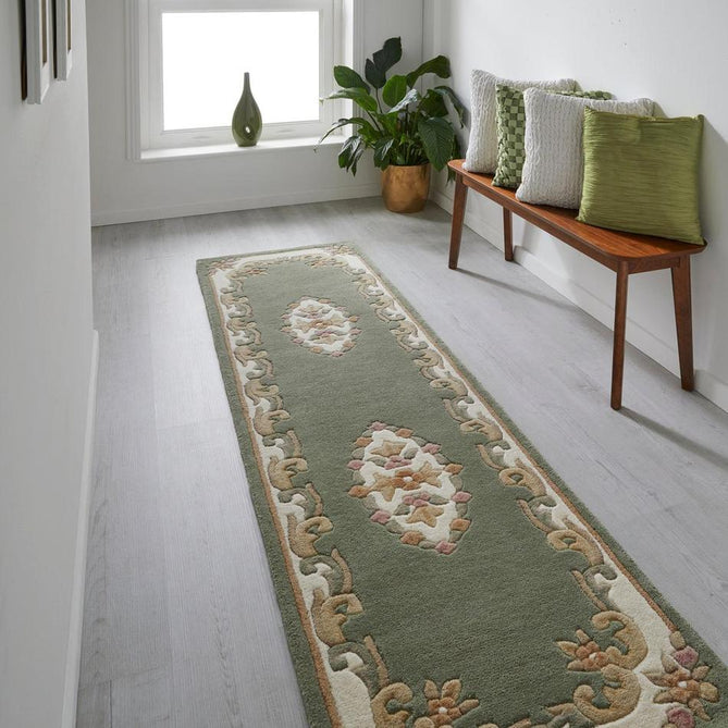 Royal Traditional Floral Aubusson Medallion Border French-Style Hand-Carved Hi-Low Textured Soft Durable Wool Green Runner-Melrose-Rug Love - The Most Loved Rug Store