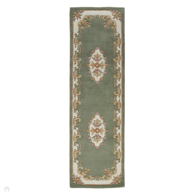 Royal Traditional Floral Aubusson Medallion Border French-Style Hand-Carved Hi-Low Textured Soft Durable Wool Green Runner-Melrose-Rug Love - The Most Loved Rug Store