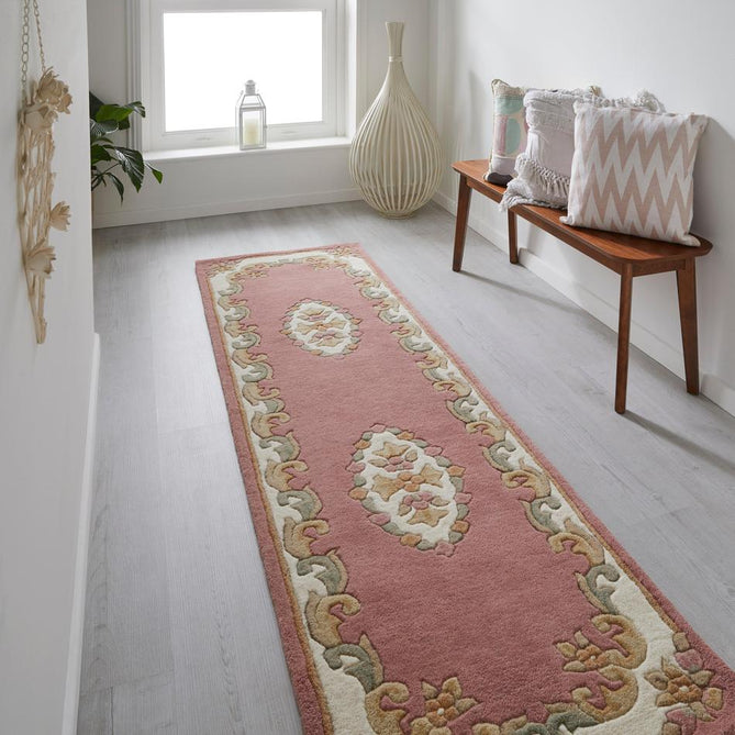 Royal Traditional Floral Aubusson Medallion Border French-Style Hand-Carved Hi-Low Textured Soft Durable Wool Pink Runner-Melrose-Rug Love - The Most Loved Rug Store