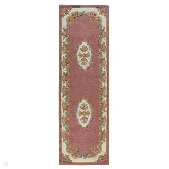 Royal Traditional Floral Aubusson Medallion Border French-Style Hand-Carved Hi-Low Textured Soft Durable Wool Pink Runner-Melrose-Rug Love - The Most Loved Rug Store