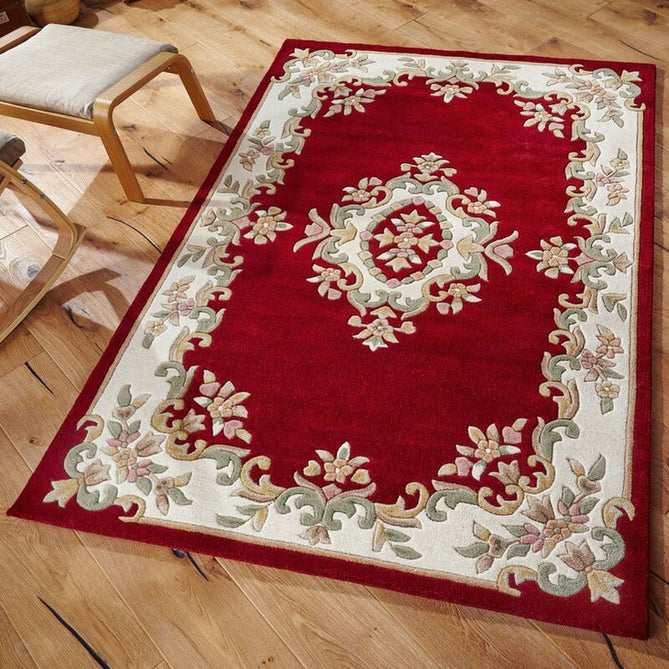 Royal Traditional Floral Aubusson Medallion Border French-Style Hand-Carved Hi-Low Textured Soft Durable Wool Red Rug-Melrose-Rug Love - The Most Loved Rug Store