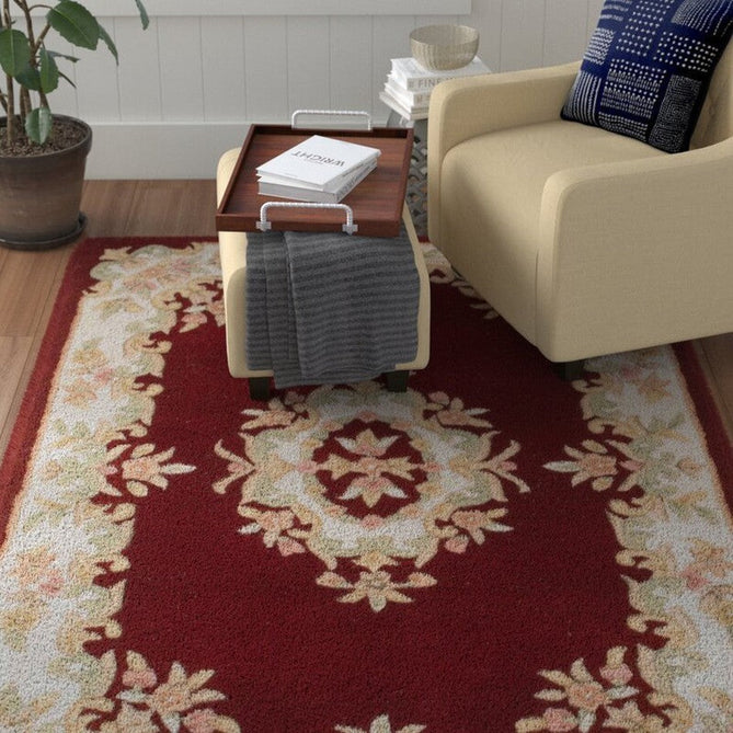 Royal Traditional Floral Aubusson Medallion Border French-Style Hand-Carved Hi-Low Textured Soft Durable Wool Red Rug-Melrose-Rug Love - The Most Loved Rug Store