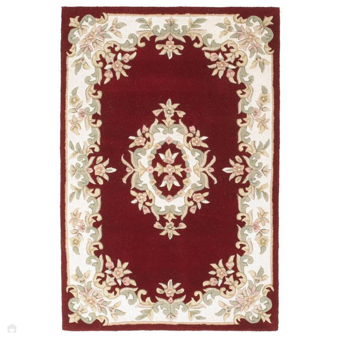 Royal Traditional Floral Aubusson Medallion Border French-Style Hand-Carved Hi-Low Textured Soft Durable Wool Red Rug-Melrose-Rug Love - The Most Loved Rug Store