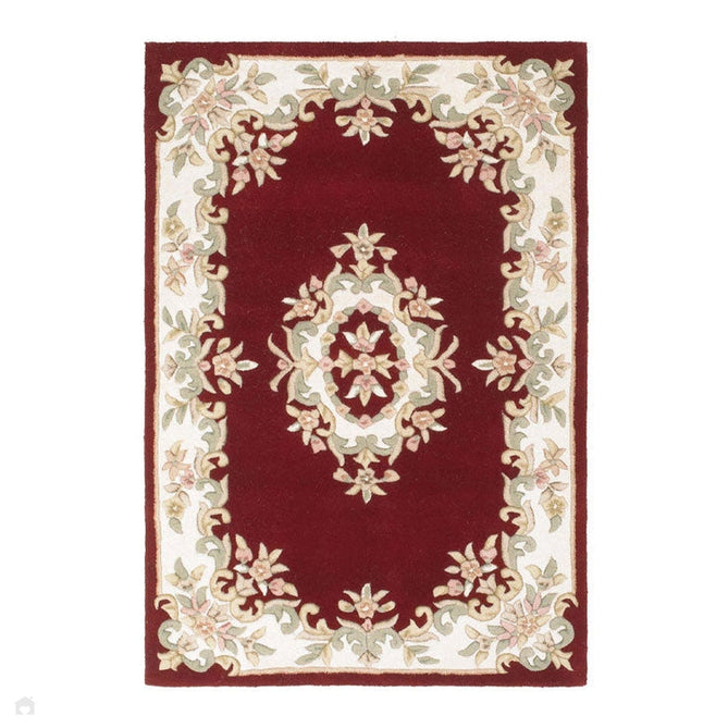 Royal Traditional Floral Aubusson Medallion Border French-Style Hand-Carved Hi-Low Textured Soft Durable Wool Red Rug-Melrose-Rug Love - The Most Loved Rug Store
