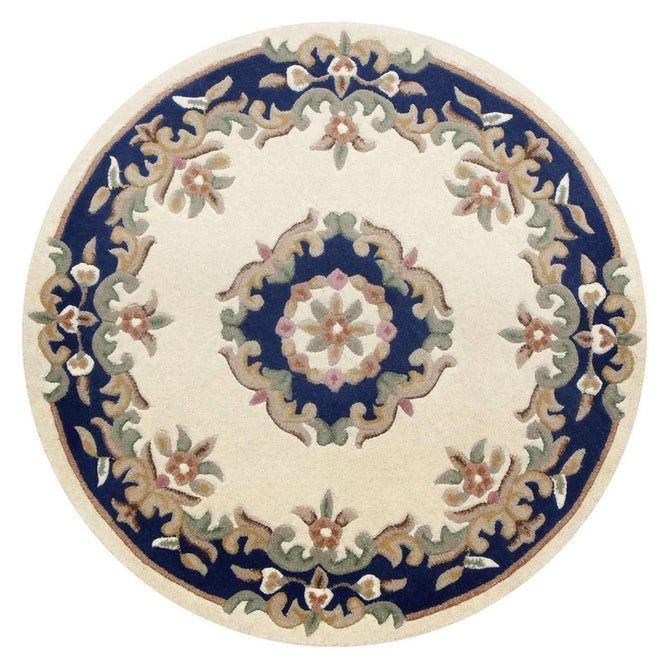 Royal Traditional Floral Aubusson Medallion Border French-Style Hand-Carved Hi-Low Textured Soft Durable Wool Wool Cream/Blue Rug-Melrose-Rug Love - The Most Loved Rug Store