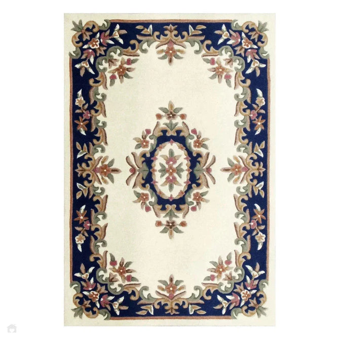Royal Traditional Floral Aubusson Medallion Border French-Style Hand-Carved Hi-Low Textured Soft Durable Wool Wool Cream/Blue Rug-Melrose-Rug Love - The Most Loved Rug Store