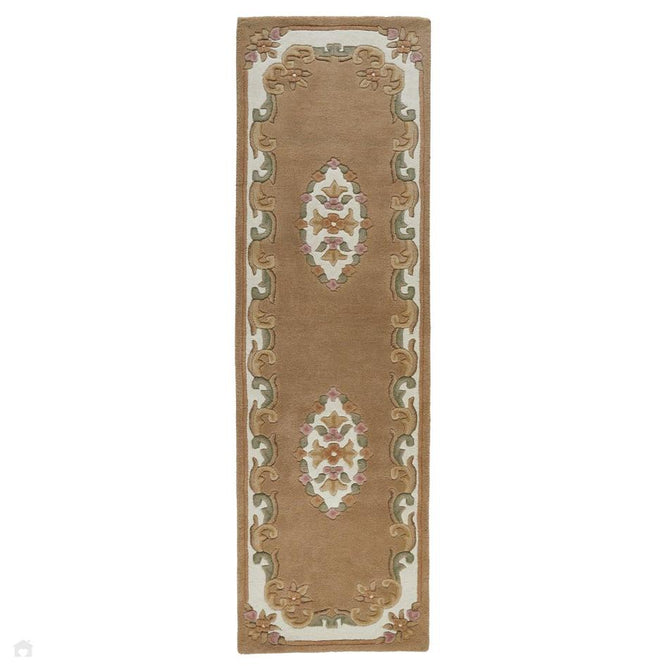 Royal Traditional Floral Aubusson Medallion Border Oriental Chinese Style Hand-Carved Hi-Low Textured Wool Beige Runner-Melrose-Rug Love - The Most Loved Rug Store