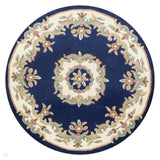 Royal Traditional Floral Aubusson Medallion Border French-Style Hand-Carved Hi-Low Textured Soft Durable Wool Blue Round Rug