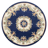 Royal Traditional Floral Aubusson Medallion Border Oriental Chinese Style Hand-Carved Hi-Low Textured Wool Blue Round Rug