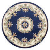 Royal Traditional Floral Aubusson Medallion Border Oriental Chinese Style Hand-Carved Hi-Low Textured Wool Blue Round Rug