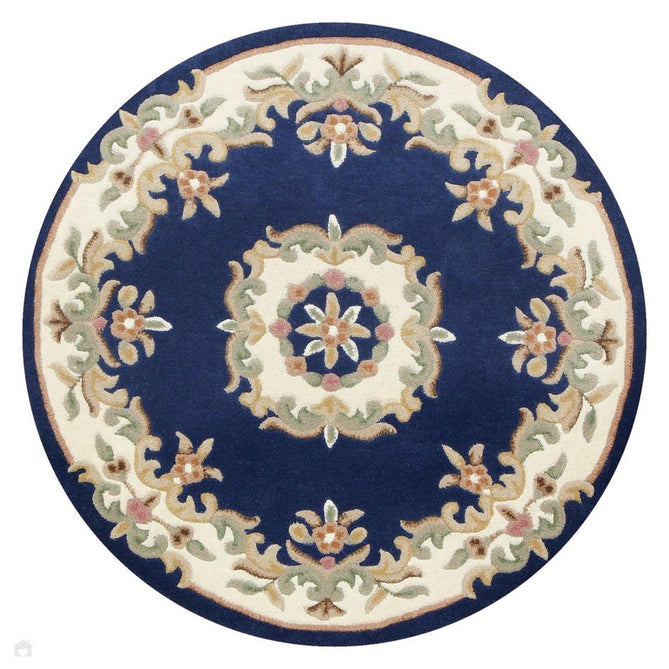 Royal Traditional Floral Aubusson Medallion Border Oriental Chinese Style Hand-Carved Hi-Low Textured Wool Blue Runner-Melrose-Rug Love - The Most Loved Rug Store