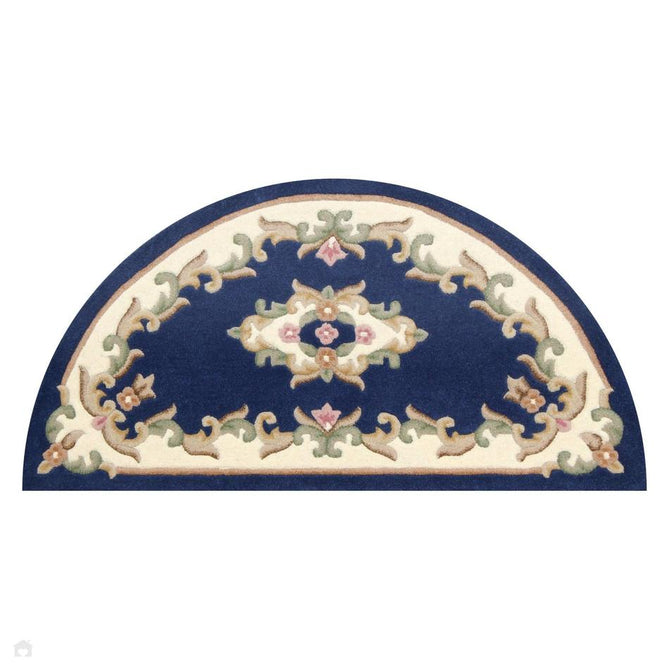 Royal Traditional Floral Aubusson Medallion Border Oriental Chinese Style Hand-Carved Hi-Low Textured Wool Blue Runner-Melrose-Rug Love - The Most Loved Rug Store