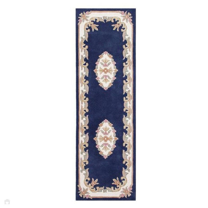 Royal Traditional Floral Aubusson Medallion Border Oriental Chinese Style Hand-Carved Hi-Low Textured Wool Blue Runner-Melrose-Rug Love - The Most Loved Rug Store