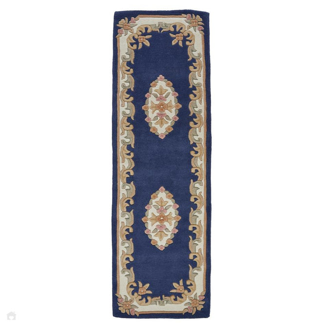 Royal Traditional Floral Aubusson Medallion Border Oriental Chinese Style Hand-Carved Hi-Low Textured Wool Blue Runner-Melrose-Rug Love - The Most Loved Rug Store