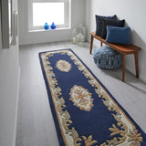 Royal Traditional Floral Aubusson Medallion Border Oriental Chinese Style Hand-Carved Hi-Low Textured Wool Blue Runner