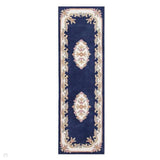 Royal Traditional Floral Aubusson Medallion Border Oriental Chinese Style Hand-Carved Hi-Low Textured Wool Blue Runner