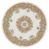 Royal Traditional Floral Aubusson Medallion Border French-Style Hand-Carved Hi-Low Textured Soft Durable Wool Cream/Beige Round Rug