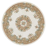 Royal Traditional Floral Aubusson Medallion Border Oriental Chinese Style Hand-Carved Hi-Low Textured Wool Cream/Beige Round Rug