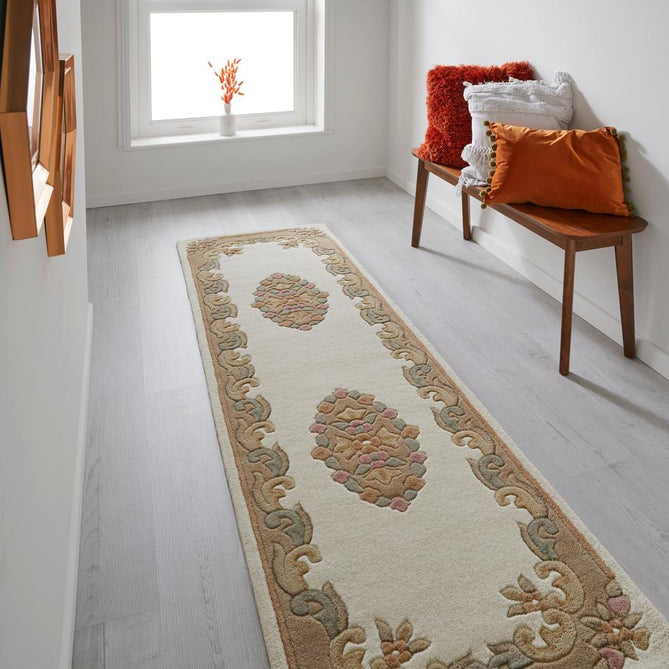 Royal Traditional Floral Aubusson Medallion Border Oriental Chinese Style Hand-Carved Hi-Low Textured Wool Cream/Beige Runner-Melrose-Rug Love - The Most Loved Rug Store