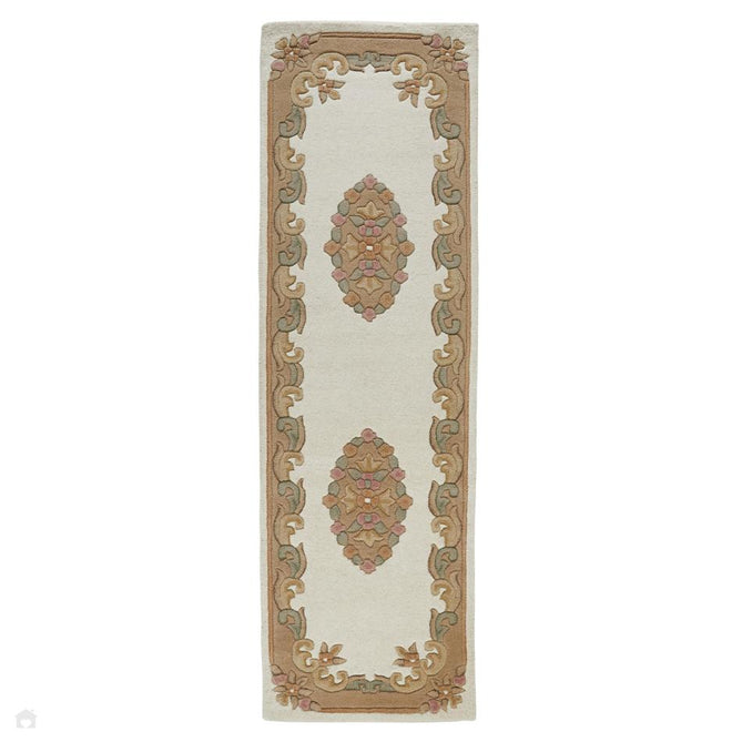 Royal Traditional Floral Aubusson Medallion Border Oriental Chinese Style Hand-Carved Hi-Low Textured Wool Cream/Beige Runner-Melrose-Rug Love - The Most Loved Rug Store