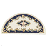 Royal Traditional Floral Aubusson Medallion Border Oriental Chinese Style Hand-Carved Hi-Low Textured Wool Cream/Blue Half Moon Rug