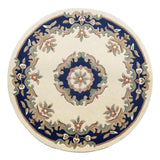 Royal Traditional Floral Aubusson Medallion Border Oriental Chinese Style Hand-Carved Hi-Low Textured Wool Cream/Blue Round Rug