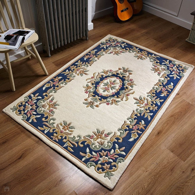 Royal Traditional Floral Aubusson Medallion Border Oriental Chinese Style Hand-Carved Hi-Low Textured Wool Cream/Blue Rug-Melrose-Rug Love - The Most Loved Rug Store