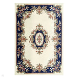 Royal Traditional Floral Aubusson Medallion Border Oriental Chinese Style Hand-Carved Hi-Low Textured Wool Cream/Blue Rug