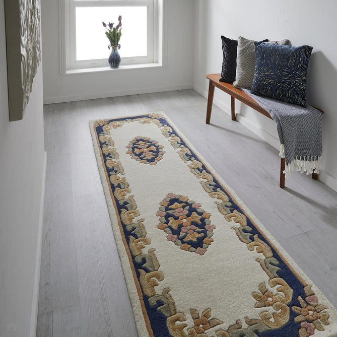 Royal Traditional Floral Aubusson Medallion Border Oriental Chinese Style Hand-Carved Hi-Low Textured Wool Cream/Blue Runner-Melrose-Rug Love - The Most Loved Rug Store
