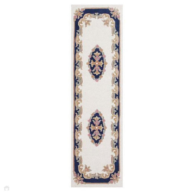Royal Traditional Floral Aubusson Medallion Border Oriental Chinese Style Hand-Carved Hi-Low Textured Wool Cream/Blue Runner-Melrose-Rug Love - The Most Loved Rug Store