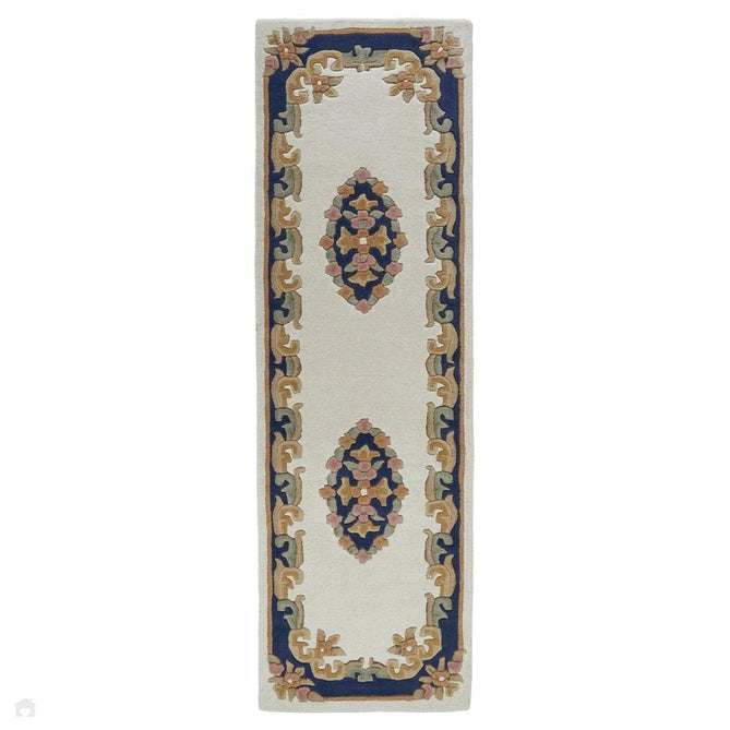 Royal Traditional Floral Aubusson Medallion Border Oriental Chinese Style Hand-Carved Hi-Low Textured Wool Cream/Blue Runner-Melrose-Rug Love - The Most Loved Rug Store