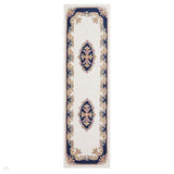 Royal Traditional Floral Aubusson Medallion Border Oriental Chinese Style Hand-Carved Hi-Low Textured Wool Cream/Blue Runner