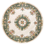 Royal Traditional Floral Aubusson Medallion Border French-Style Hand-Carved Hi-Low Textured Soft Durable Wool Cream/Green Round Rug