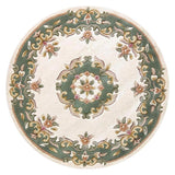 Royal Traditional Floral Aubusson Medallion Border Oriental Chinese Style Hand-Carved Hi-Low Textured Wool Cream/Green Round Rug