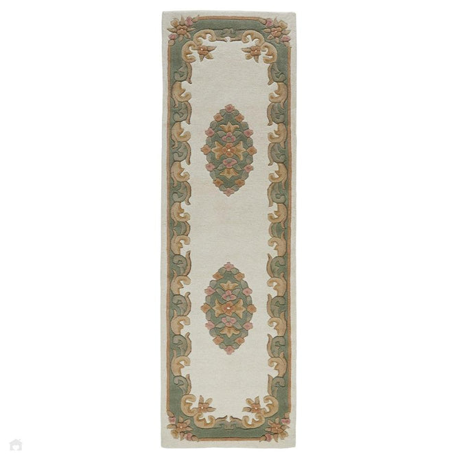 Royal Traditional Floral Aubusson Medallion Border Oriental Chinese Style Hand-Carved Hi-Low Textured Wool Cream/Green Runner-Melrose-Rug Love - The Most Loved Rug Store