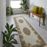 Royal Traditional Floral Aubusson Medallion Border Oriental Chinese Style Hand-Carved Hi-Low Textured Wool Cream/Green Runner