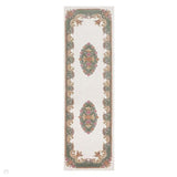 Royal Traditional Floral Aubusson Medallion Border Oriental Chinese Style Hand-Carved Hi-Low Textured Wool Cream/Green Runner