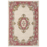 Royal Traditional Floral Aubusson Medallion Border Oriental Chinese Style Hand-Carved Hi-Low Textured Wool Cream/Pink Rug