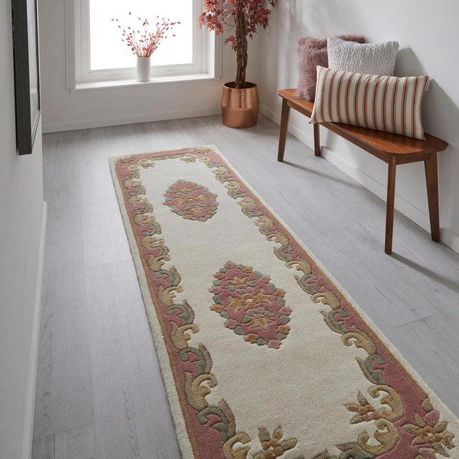 Royal Traditional Floral Aubusson Medallion Border Oriental Chinese Style Hand-Carved Hi-Low Textured Wool Cream/Pink Runner-Melrose-Rug Love - The Most Loved Rug Store