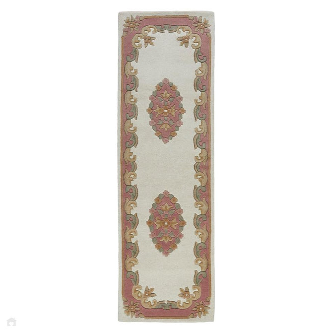 Royal Traditional Floral Aubusson Medallion Border Oriental Chinese Style Hand-Carved Hi-Low Textured Wool Cream/Pink Runner-Melrose-Rug Love - The Most Loved Rug Store