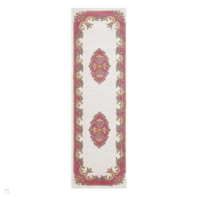 Royal Traditional Floral Aubusson Medallion Border Oriental Chinese Style Hand-Carved Hi-Low Textured Wool Cream/Pink Runner-Melrose-Rug Love - The Most Loved Rug Store