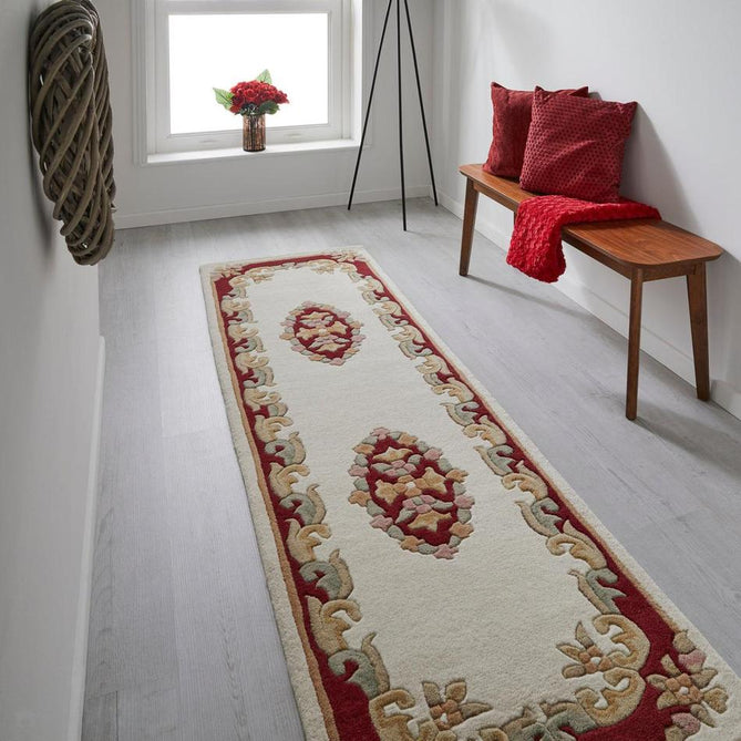 Royal Traditional Floral Aubusson Medallion Border Oriental Chinese Style Hand-Carved Hi-Low Textured Wool Cream/Red Runner-Melrose-Rug Love - The Most Loved Rug Store