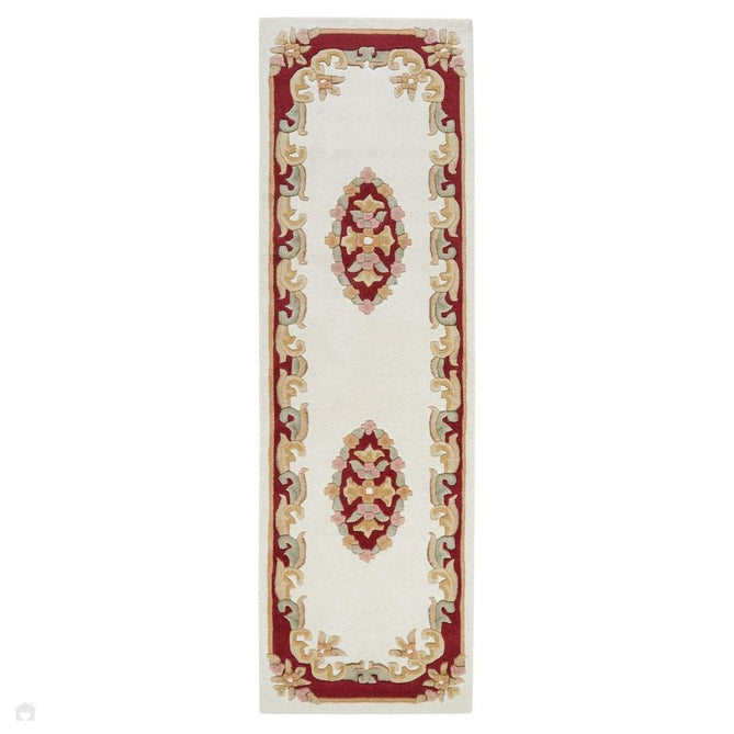 Royal Traditional Floral Aubusson Medallion Border Oriental Chinese Style Hand-Carved Hi-Low Textured Wool Cream/Red Runner-Melrose-Rug Love - The Most Loved Rug Store