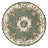 Royal Traditional Floral Aubusson Medallion Border Oriental Chinese Style Hand-Carved Hi-Low Textured Wool Green Round Rug