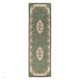 Royal Traditional Floral Aubusson Medallion Border French-Style Hand-Carved Hi-Low Textured Soft Durable Wool Green Runner